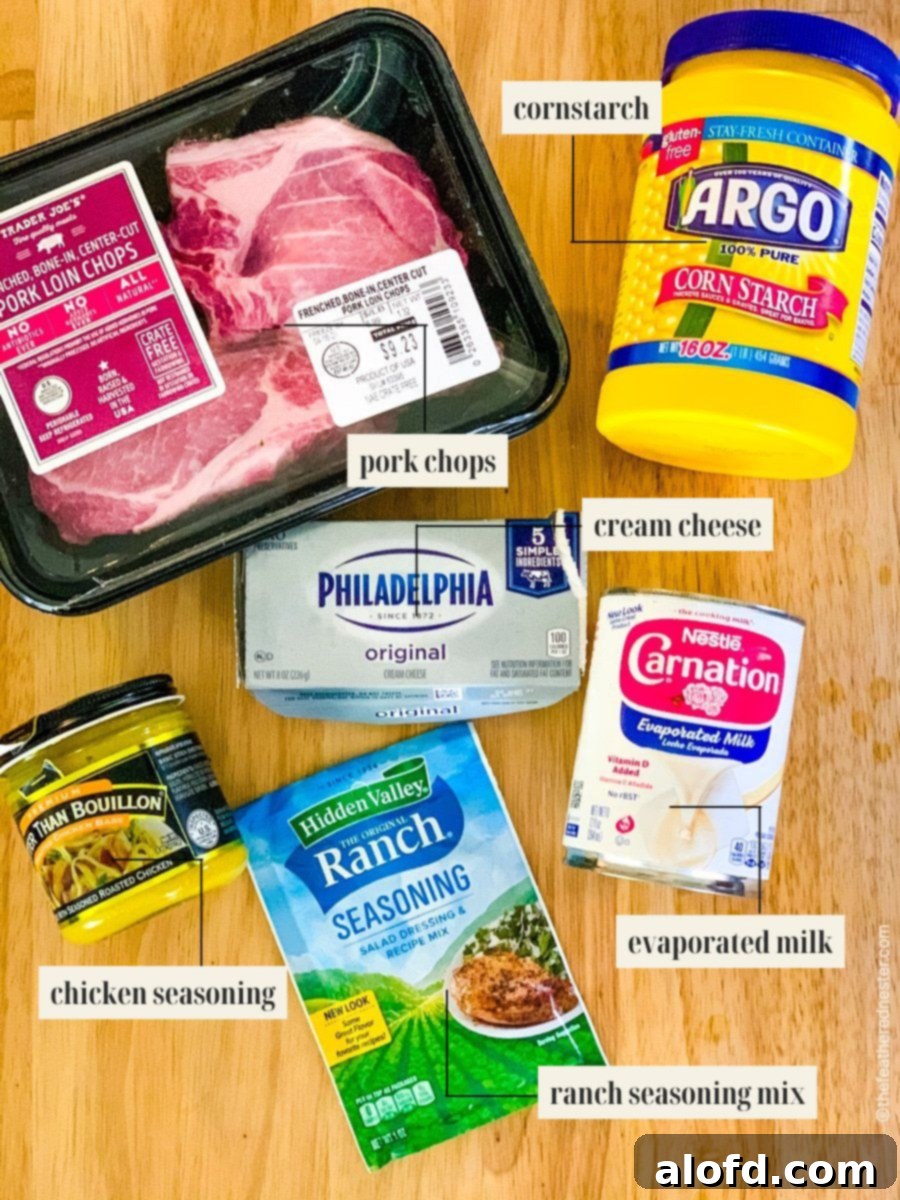 Velvet Cream Pork Chops 3 Labeled ingredient image for crock pot ranch pork chops recipe.