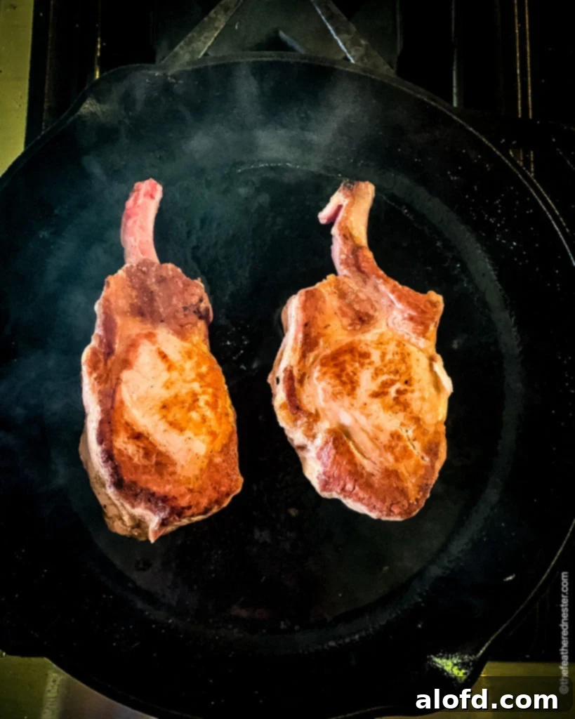 Velvet Cream Pork Chops 4 cast iron skillet with seared pork