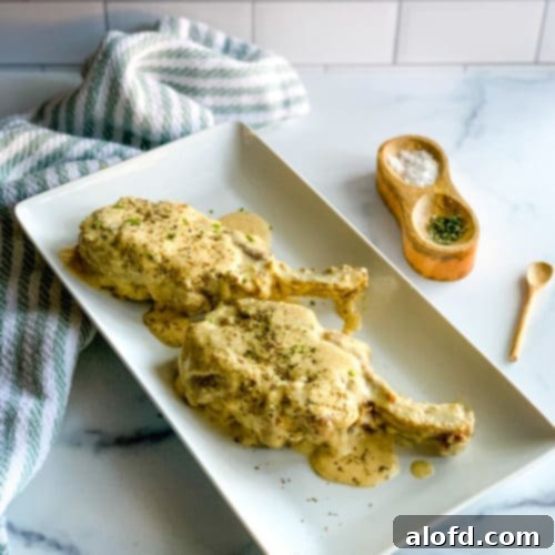 Velvet Cream Pork Chops 7 platter of ranch pork chops, ready to serve.