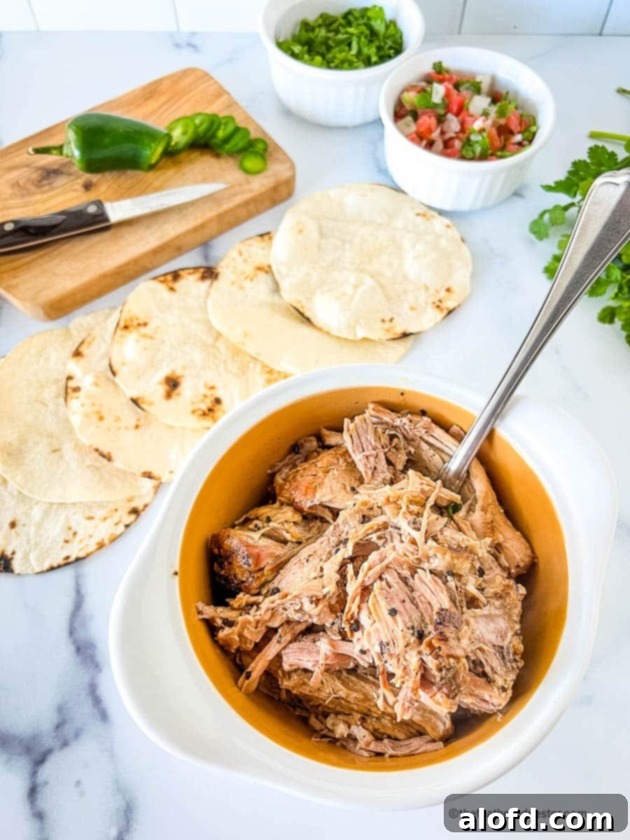 Bowl filled with Dutch Oven carnitas meat next to charred corn tortillas and bowls of Pico de Gallo and minced jalapenos.