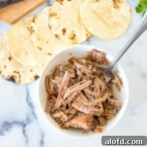 Shredded meat in a small white bowl next to charred tortillas.