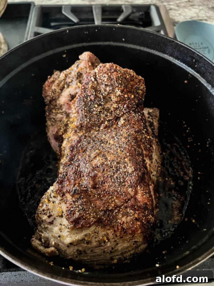 Seasoned and seared pork butt in cast iron pot.