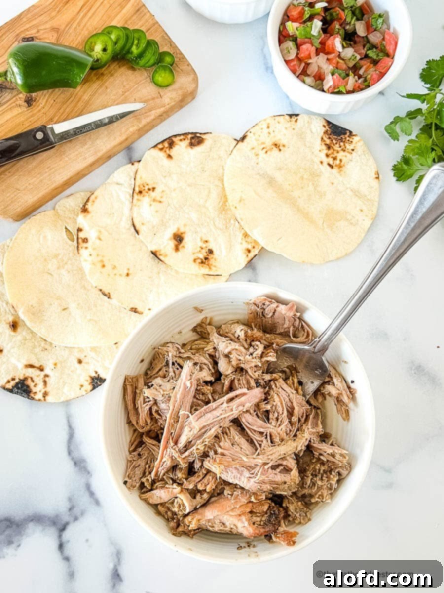 Small dish full of Dutch oven carnitas next to tortillas and Pico de Gallo.