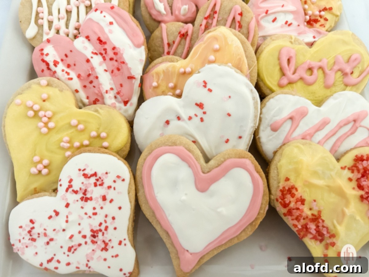 Heart-shaped sugar cookies elegantly arranged on a white plate, symbolizing warmth and care.