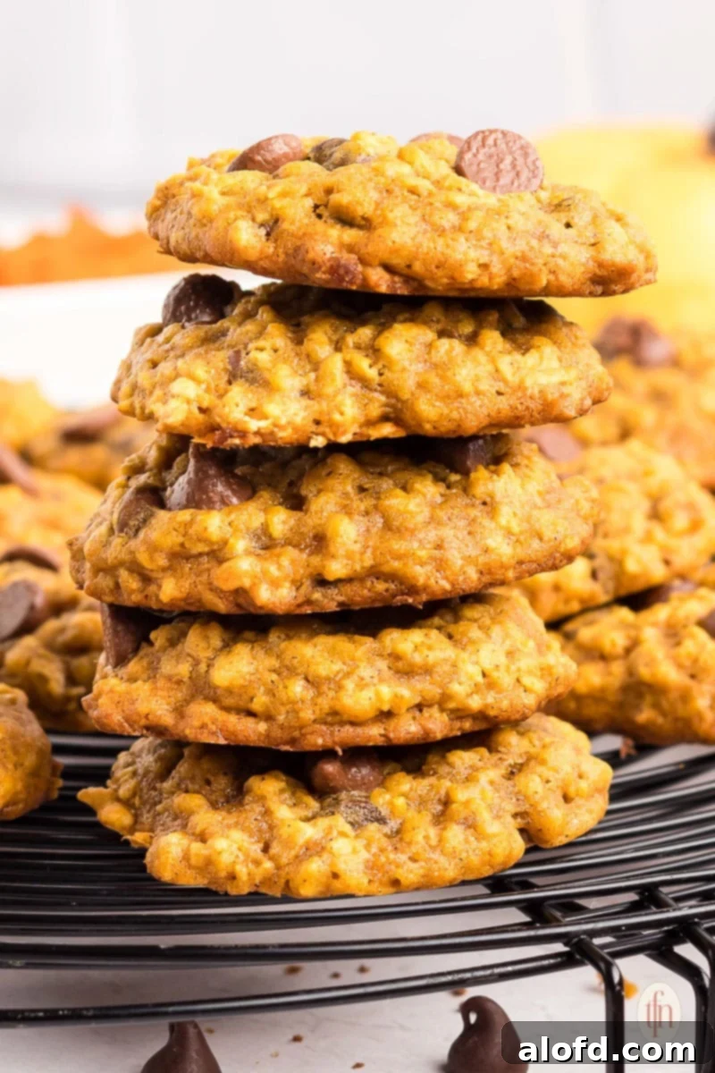 Five soft pumpkin oatmeal cookies stacked neatly, ready to be enjoyed.