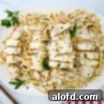 Lunchbox Hacks for Educators 11 Garlic parmesan chicken pasta served on a pristine white serving plate.