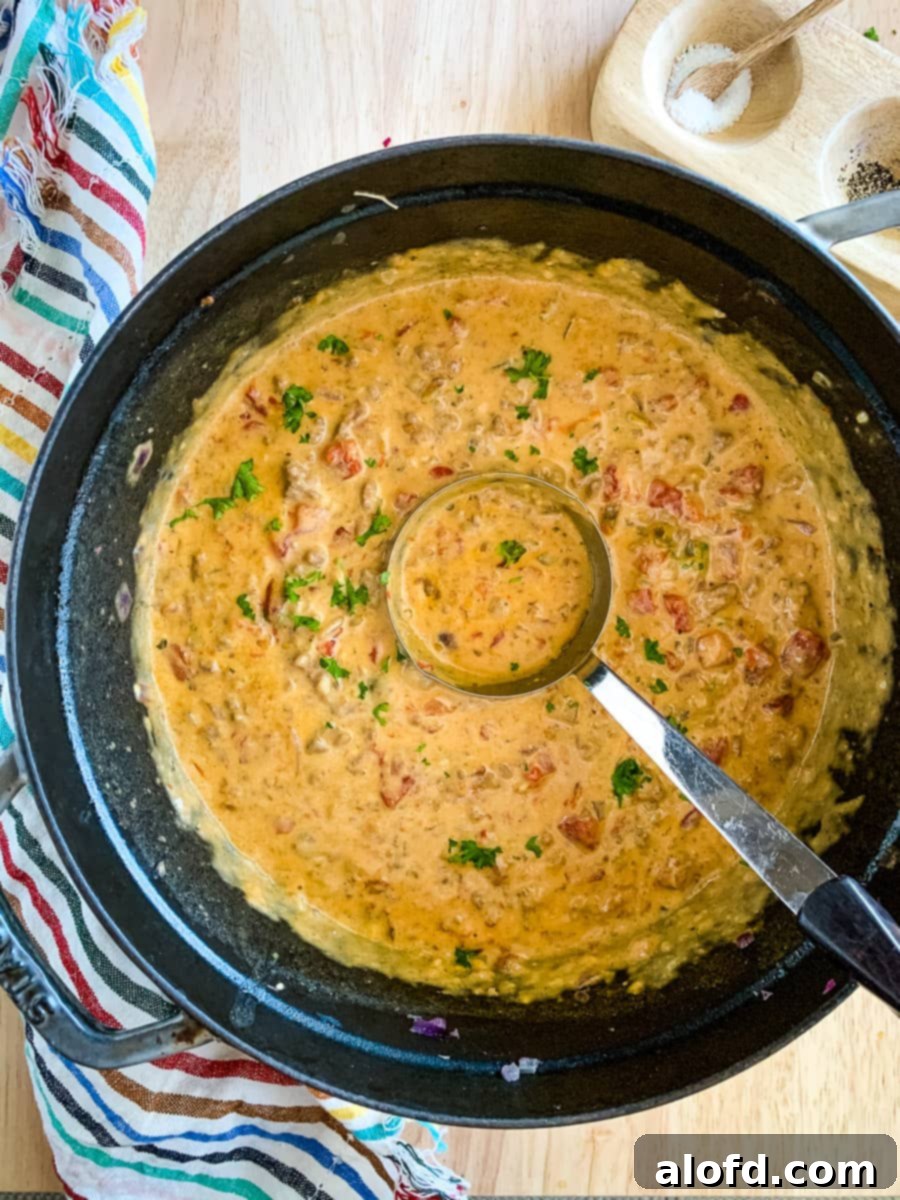 Harvest Bowls and Loaves 10 overhead: Ladle in a pot of keto cheeseburger soup.