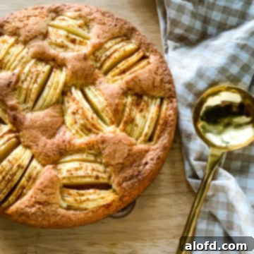 Apple kuchen on a table next to a gingham check linen kitchen towel and a gold serving spoon.