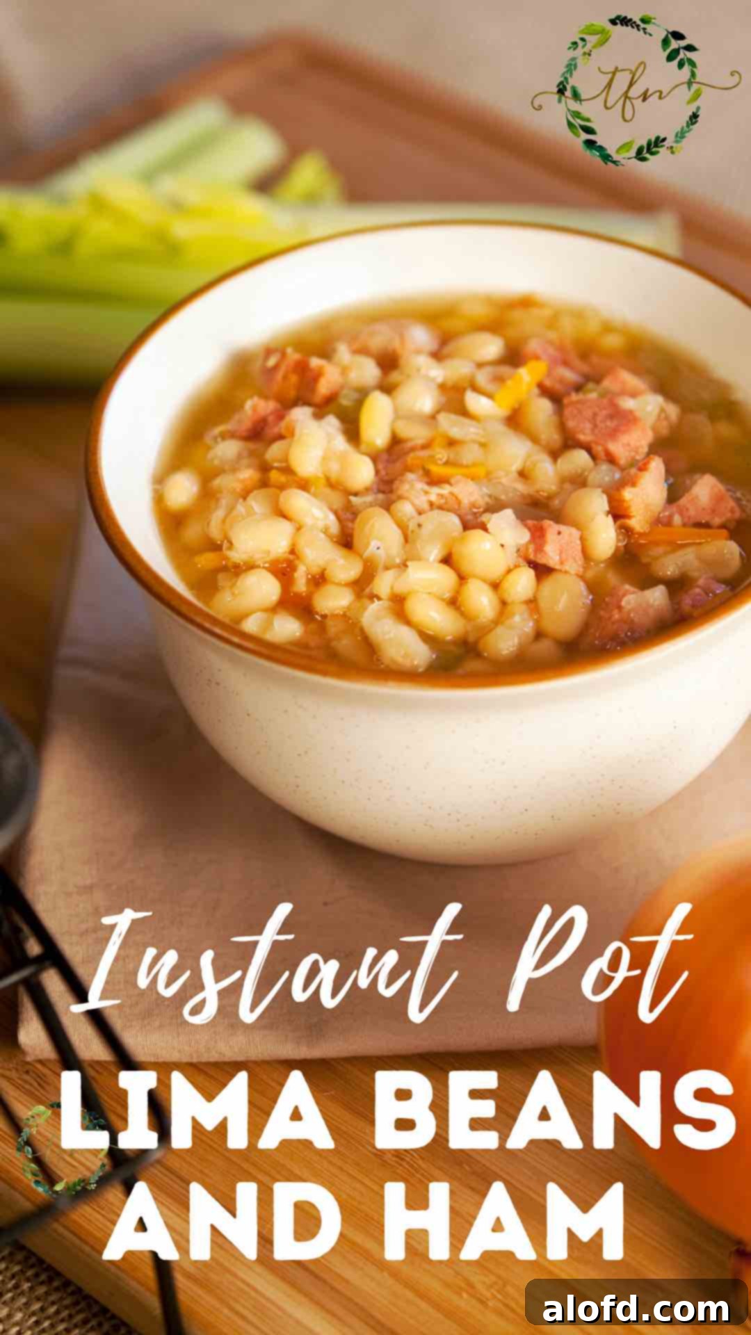 A comforting bowl of Instant Pot Lima Beans and Ham, prepared from either dried or frozen lima beans, ready for serving.