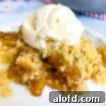 Apple cobbler with ice cream on top on a white plate.