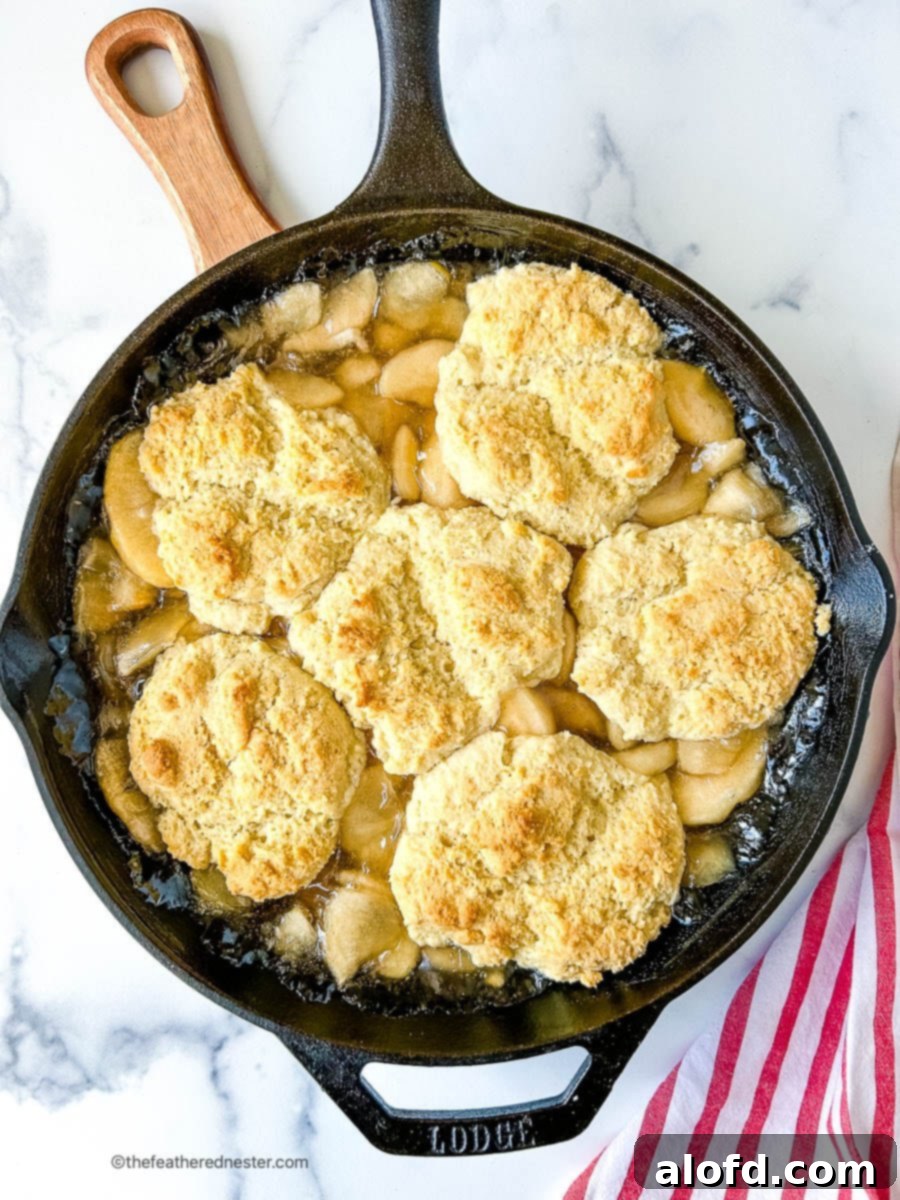 overhead: Bisquick apple cobbler in a cast iron pan.