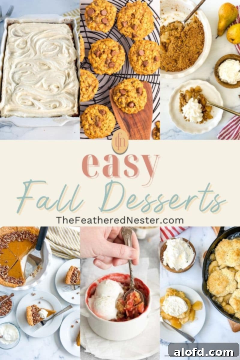 A vibrant graphic collage featuring six different enticing fall dessert images, including apple crisps, pumpkin cookies, and cranberry tarts.