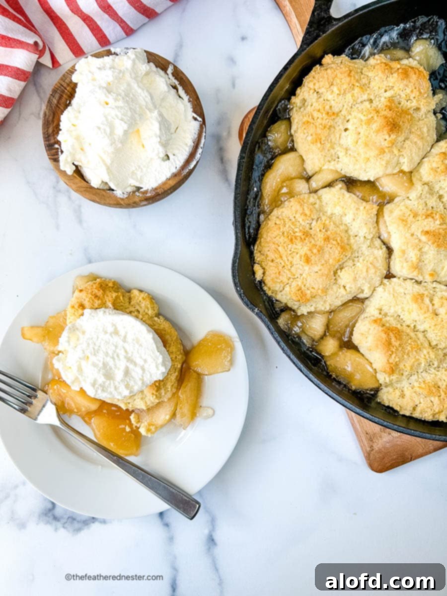 A single serving of baked apple cobbler, generously topped with fluffy whipped cream, presented on a small dessert plate.