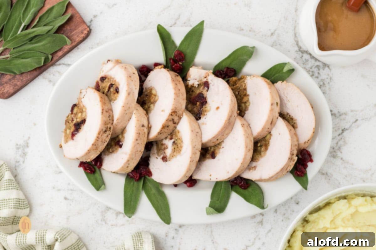 A wide, overhead shot of a long white platter holding slices of baked, stuffed turkey breast garnished with fresh sage leaves and dried cranberries. A gravy boat and a bowl of mashed potatoes are visible in the top and bottom corners.