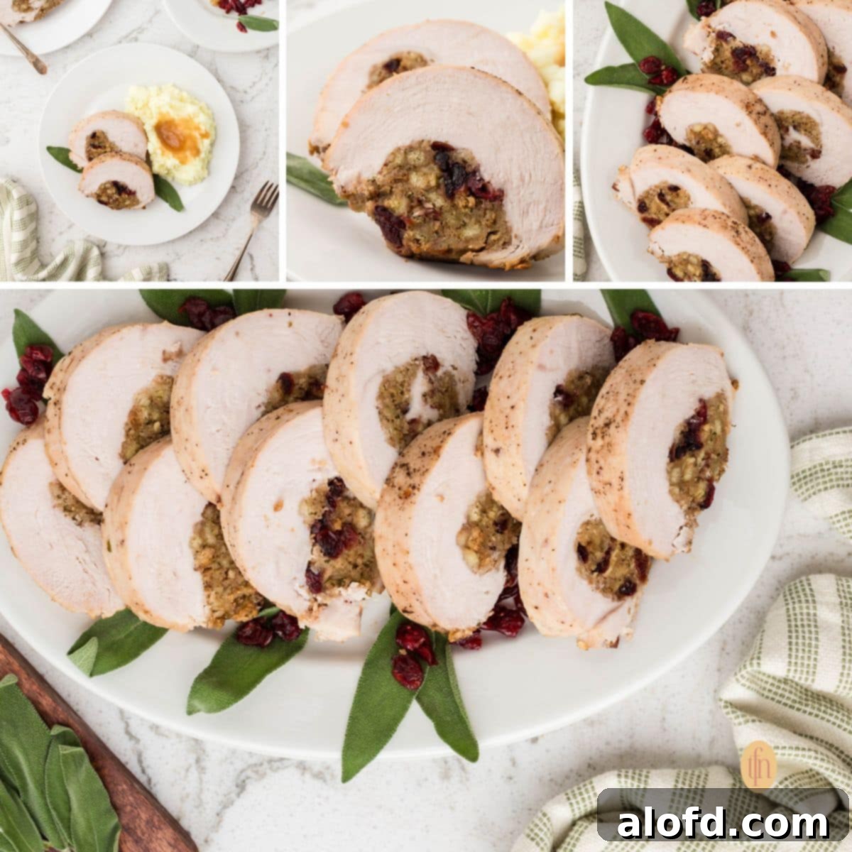 A collage featuring four different views of the baked, stuffed turkey breast. The main image is a platter of sliced turkey, and smaller inset images show a serving plate and close-ups of the slices.