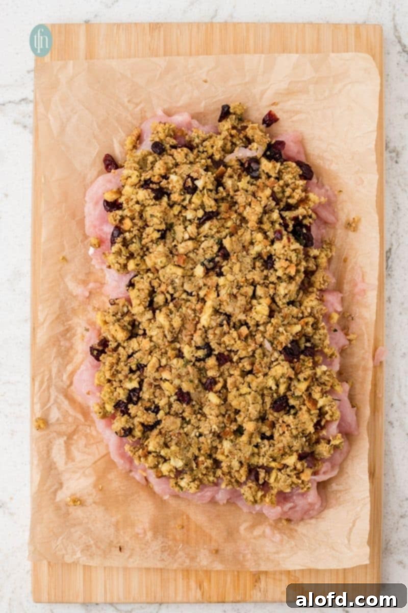 An overhead shot of the flattened raw turkey breast tenderloin spread with a thick layer of the cranberry and pecan stuffing mixture.
