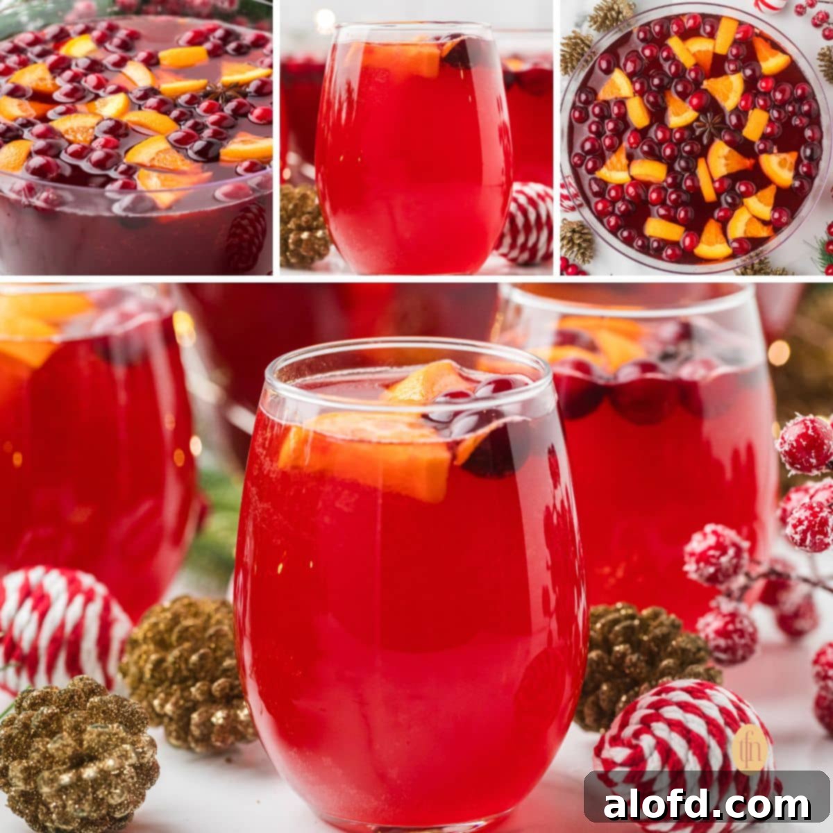 Collage image showing glasses of vibrant red holiday punch garnished with cranberries and orange, surrounded by festive Christmas ornaments and gold glitter pinecones.