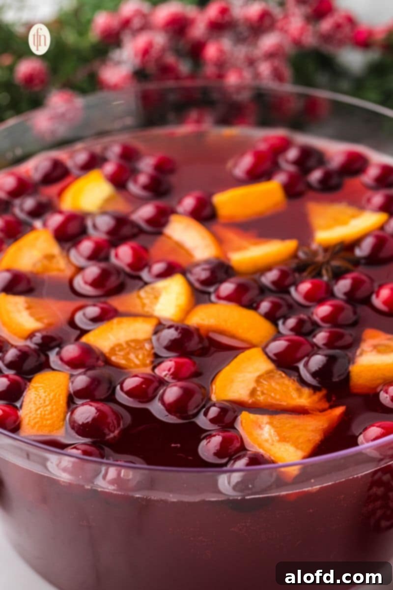 A beautiful non-alcoholic Christmas punch in a glass bowl, floating with bright red cranberries, orange slices, and a whole star of anise.