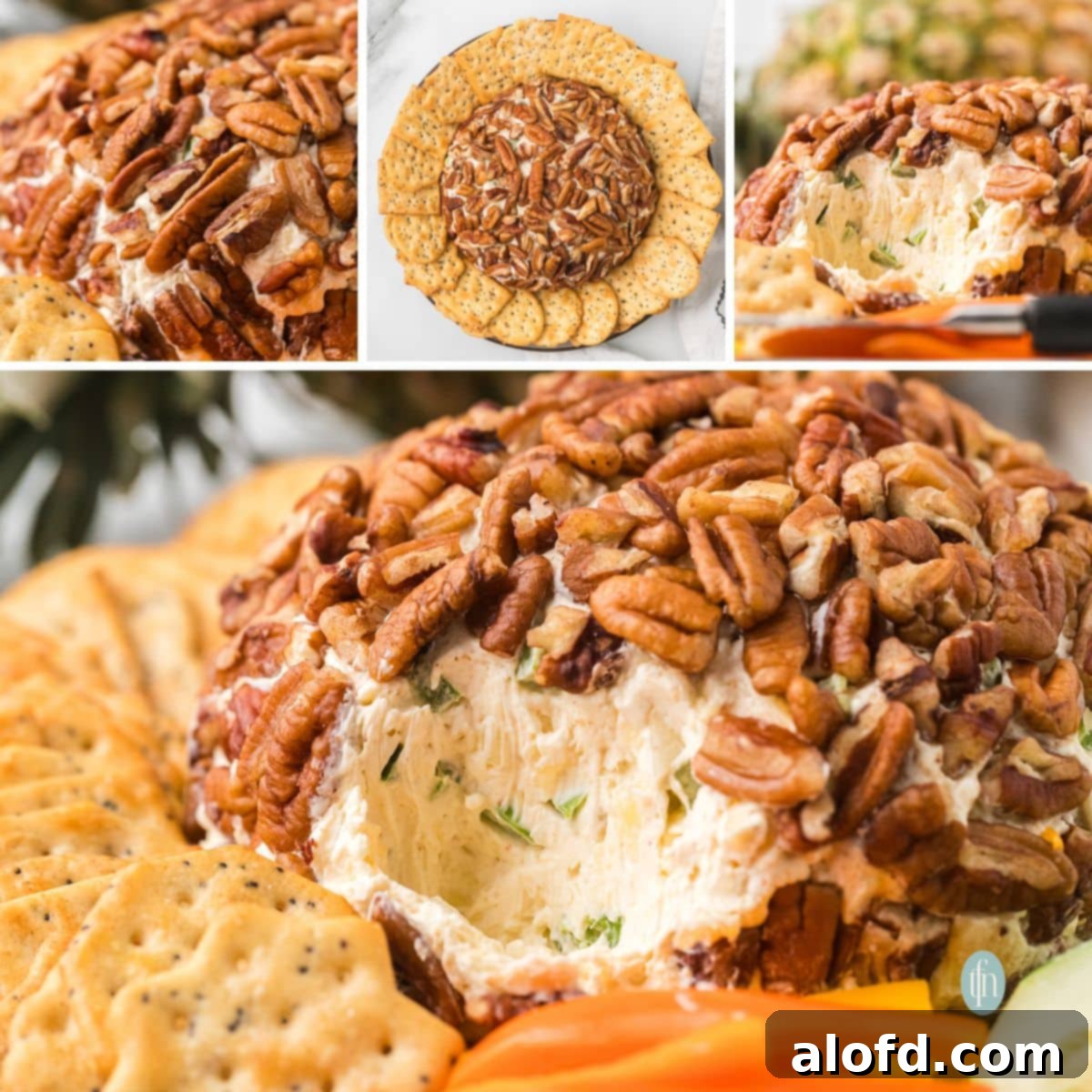 A collage of images featuring a pecan-covered cheese ball. The main photo shows the creamy texture inside, and smaller inset photos show the full platter with crackers and a tight shot of the pecan coating.