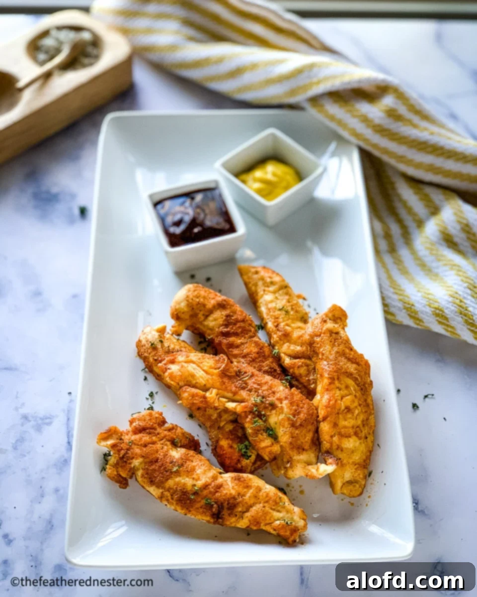 A platter of golden Instant Pot chicken tenders perfectly cooked, accompanied by a selection of delicious mustard and BBQ dipping sauces, showcasing a quick and easy family-friendly meal.
