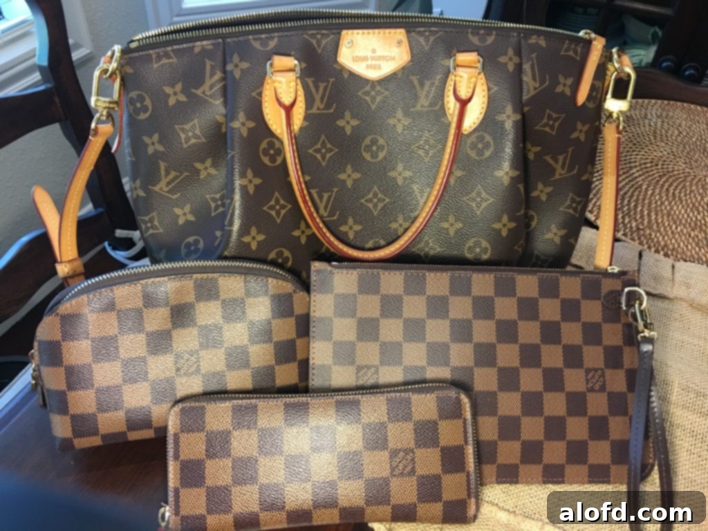 My Life in Handbags: A Passionate History 11 A collection of Louis Vuitton items, including the Turenne MM and Damier Ebene small leather goods, demonstrating how they complement each other.