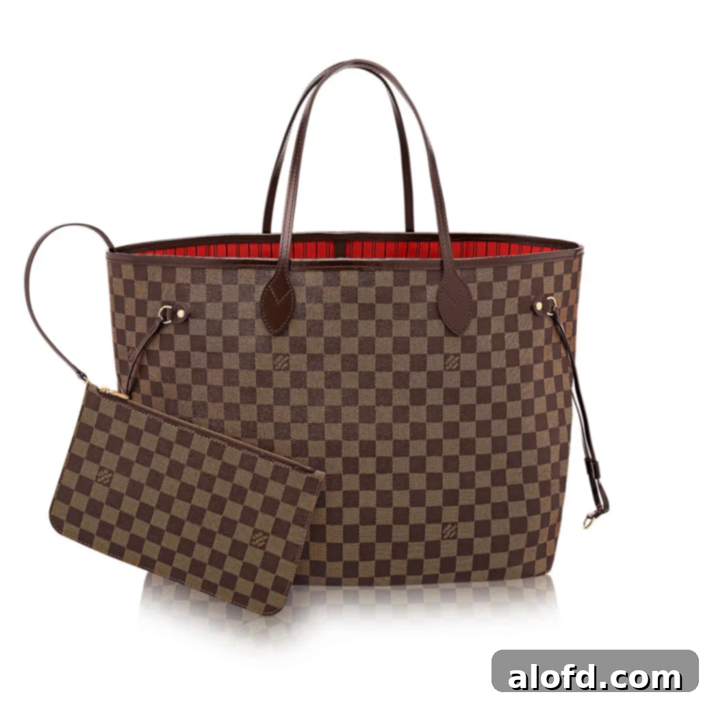My Life in Handbags: A Passionate History 9 A large Louis Vuitton Neverfull bag in Damier Ebene canvas, displayed after unboxing.