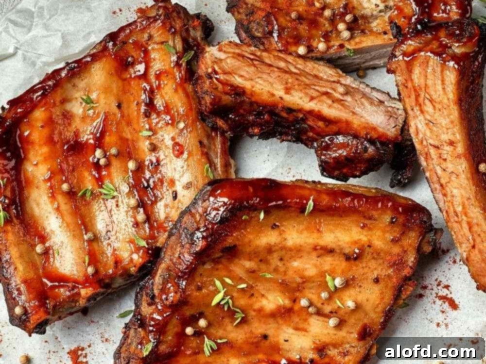 Cut baby back ribs ready to serve with a pastry brush of bbq sauce