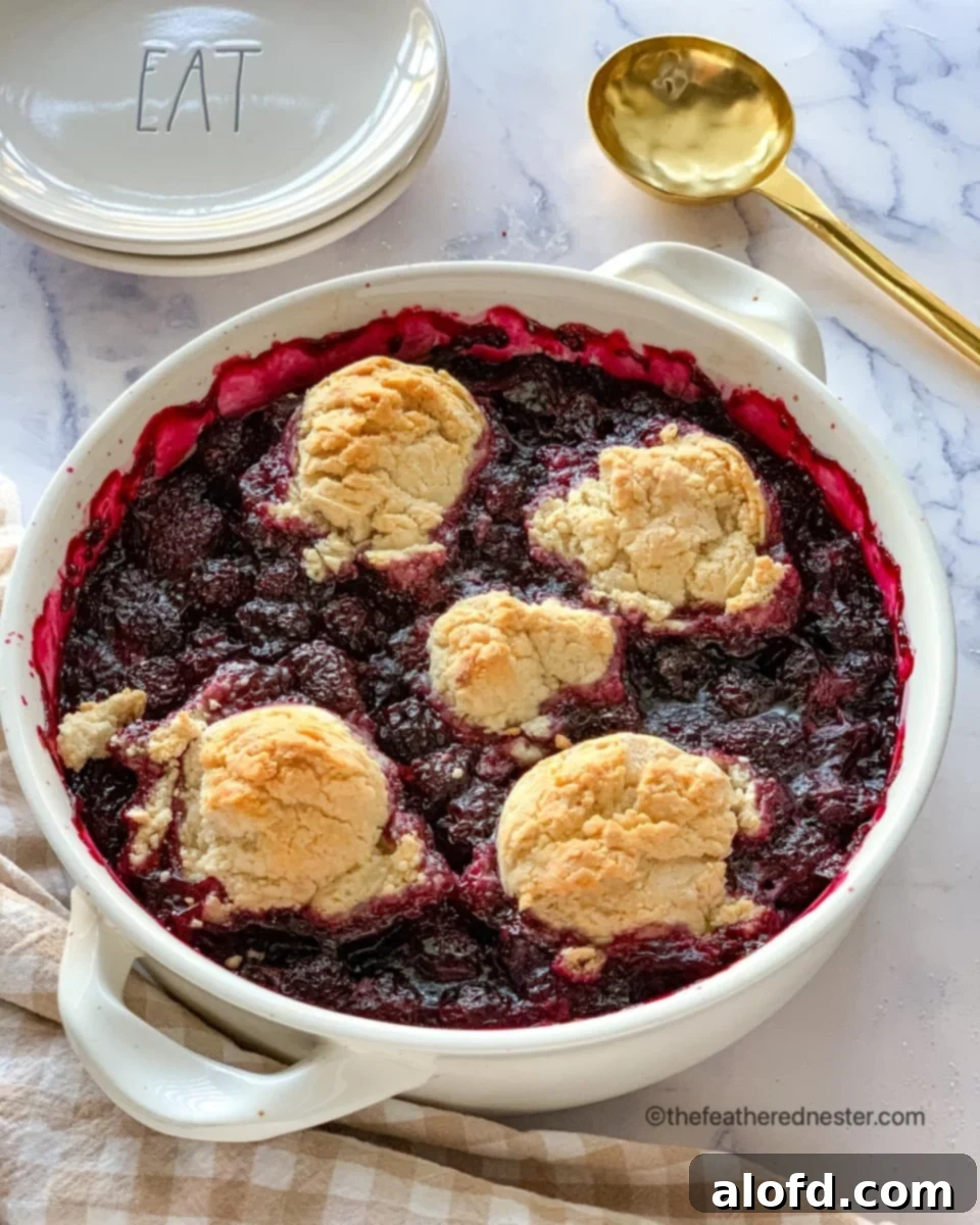Effortless Bisquick Blackberry Bliss 2 A white casserole dish of blackberry cobbler ready to serve, adorned with a scoop of vanilla ice cream.