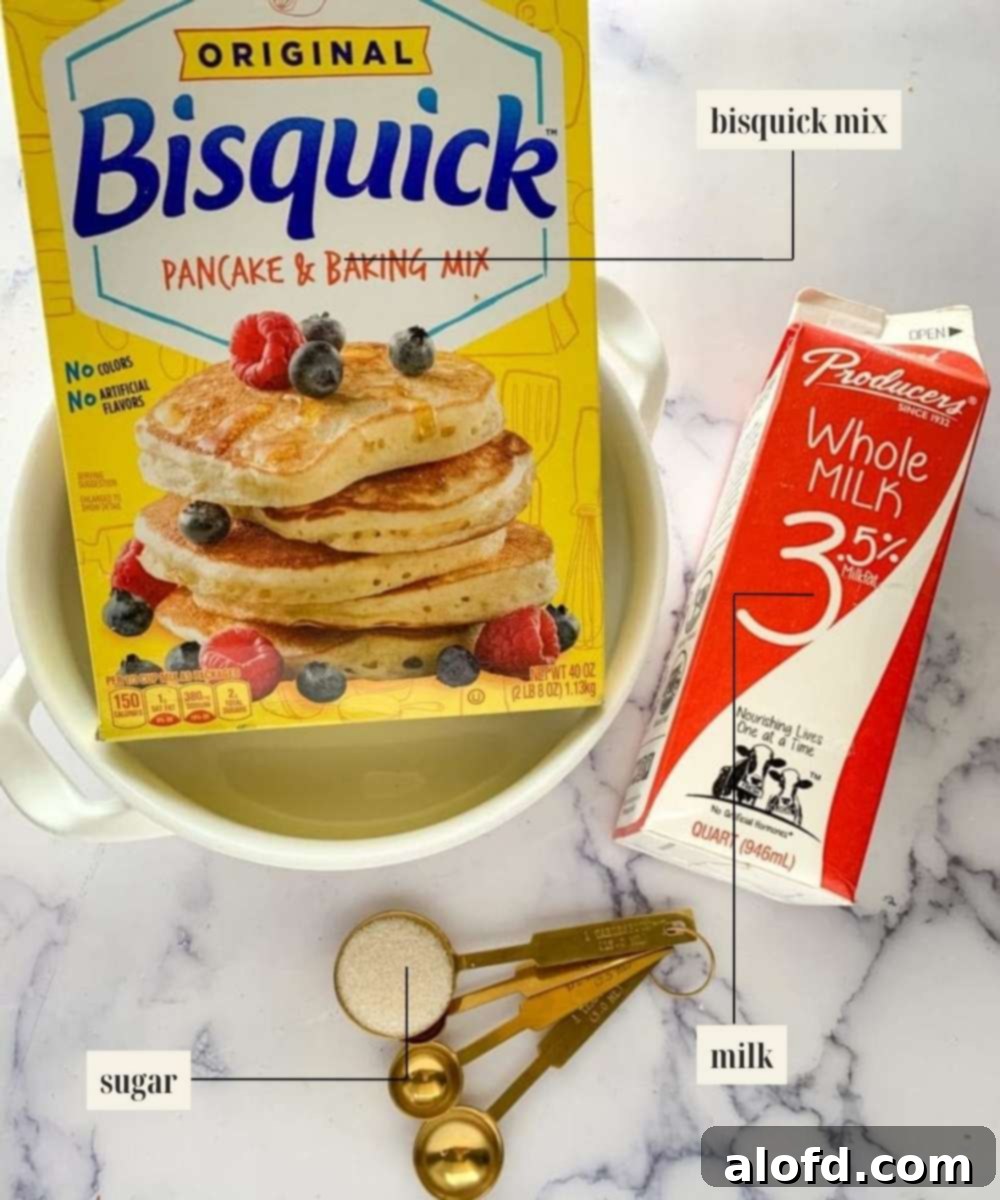 Effortless Bisquick Blackberry Bliss 4 Labeled ingredients image for blackberry cobbler with emphasis on Bisquick mix, milk, and grated butter.
