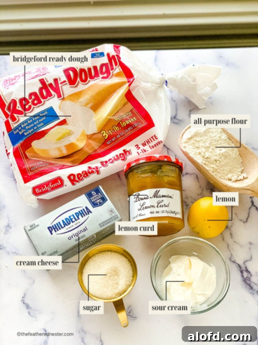 Labeled ingredient image for lemon bread recipe, showing all the components needed for the delicious braid.
