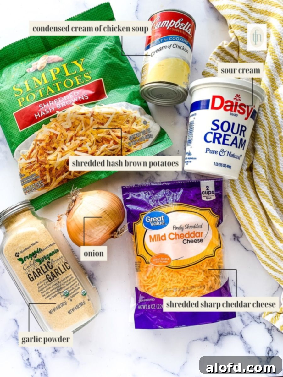 Creamy Instant Pot Cheesy Potatoes 3 Labeled ingredient image for Cheesy Instant Pot Hash Brown Casserole recipe.