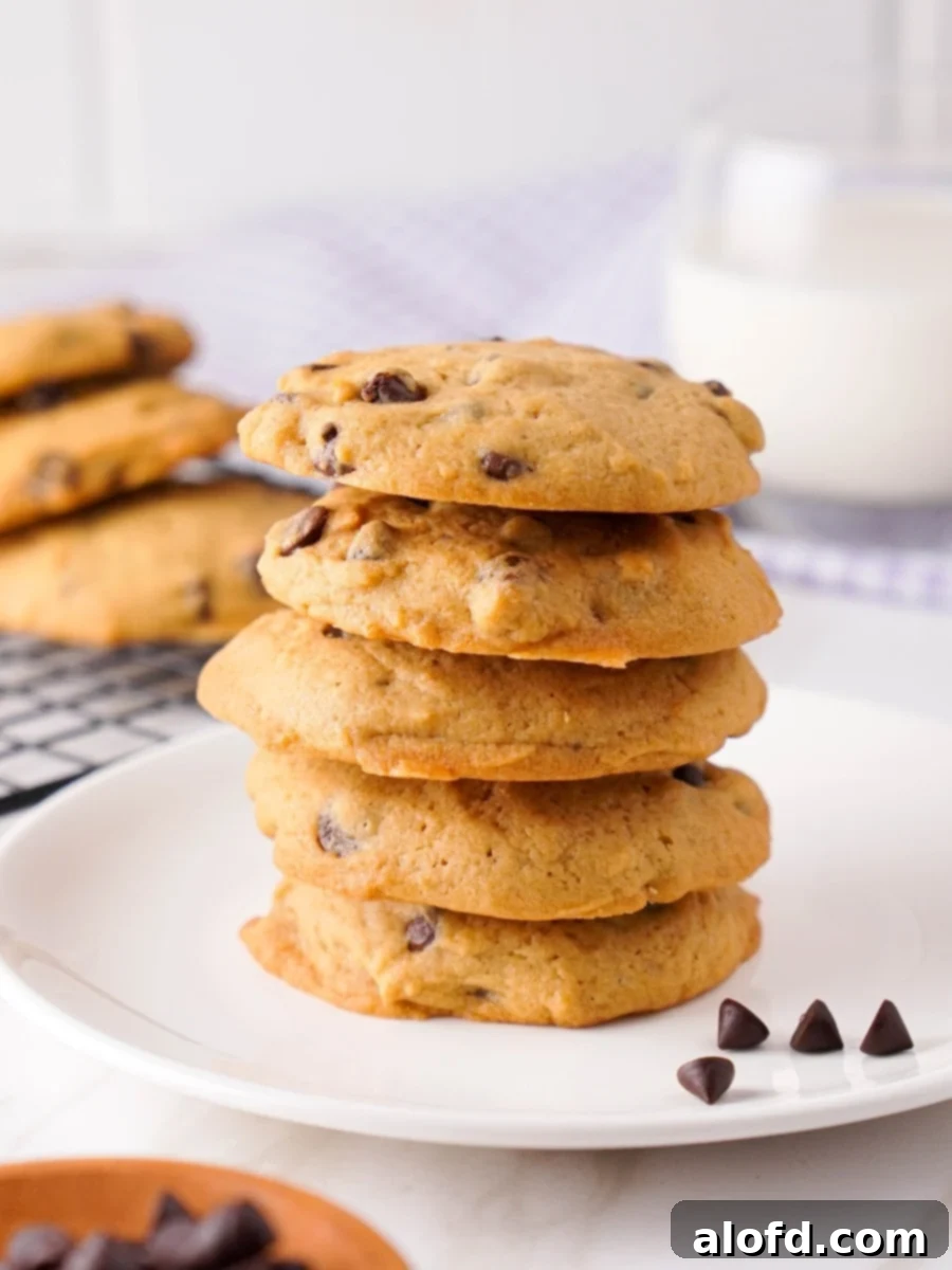Stack of freshly baked Sam's Club chocolate chip cookies on a plate.