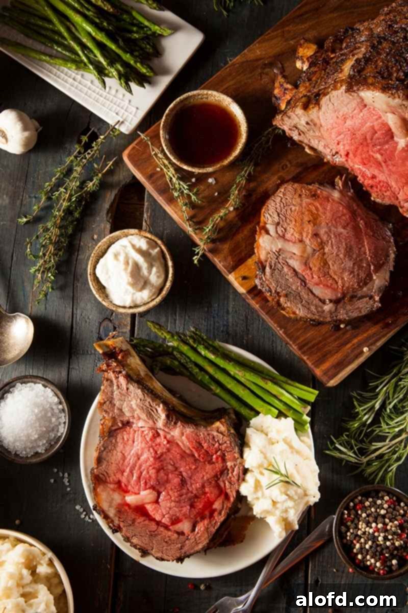 The Ultimate Prime Rib Roast 2 A plate of prime rib roast with mashed potatoes and asparagus ready to serve, next to a cutting board of prime rib sliced.