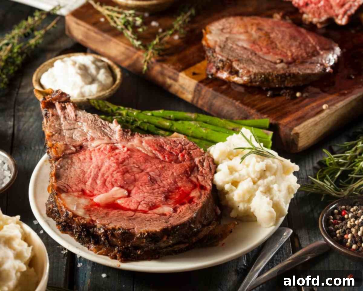 The Ultimate Prime Rib Roast 5 a plate of beef rib roast with mashed potatoes and asparagus with a cutting board showing a cut prime rib roast