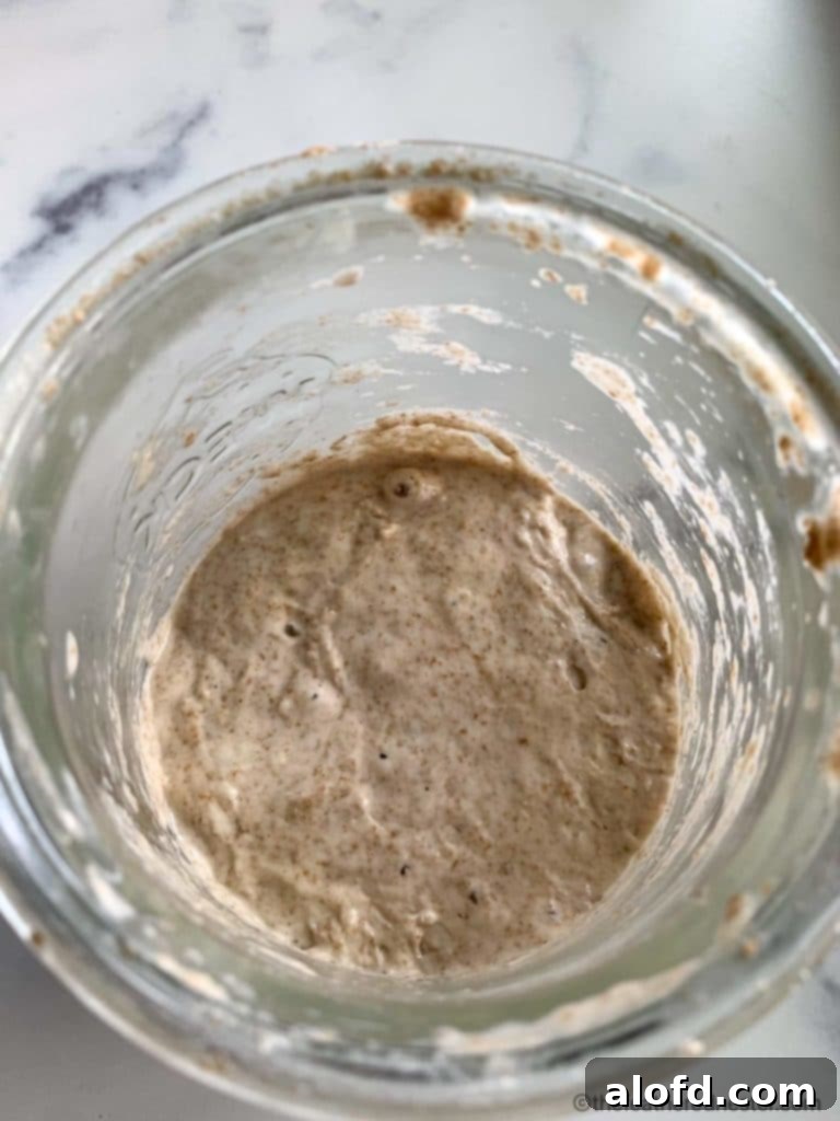 A glass container on Day 2, showing tiny bubbles indicating initial sourdough starter fermentation.
