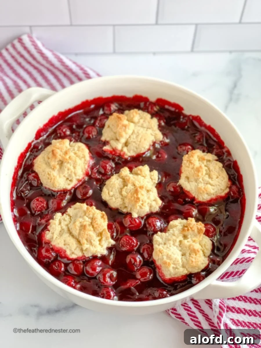 A white casserole dish filled with golden-brown Bisquick cherry cobbler, featuring a thick, bubbly cherry pie filling beneath a pillowy biscuit topping. The dessert is perfectly baked and ready to be served, evoking a sense of warm, comforting, summertime indulgence.