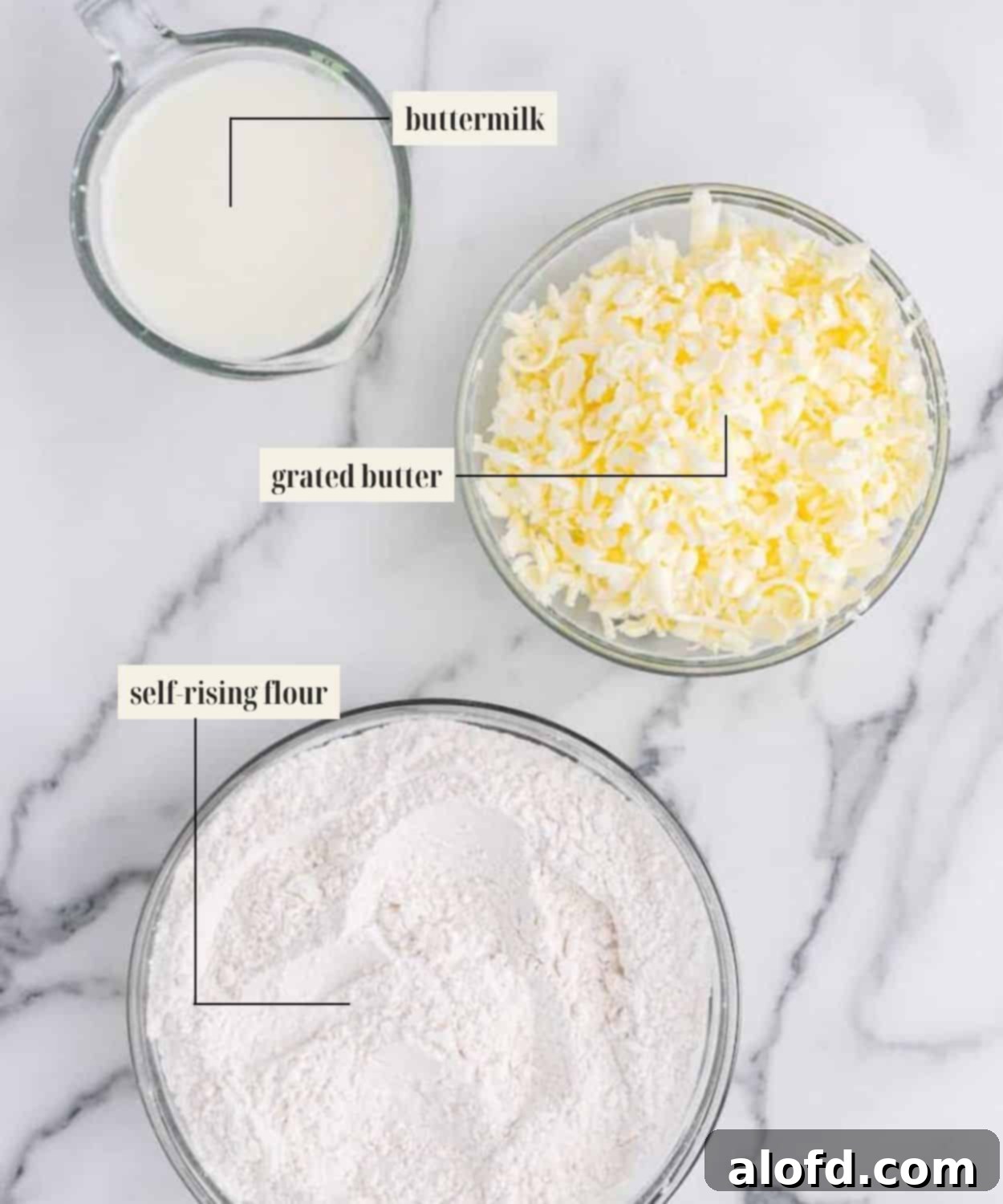 Homestyle Buttermilk Biscuits 3 Labeled ingredient image for buttermilk biscuit with self-rising flour and butter.