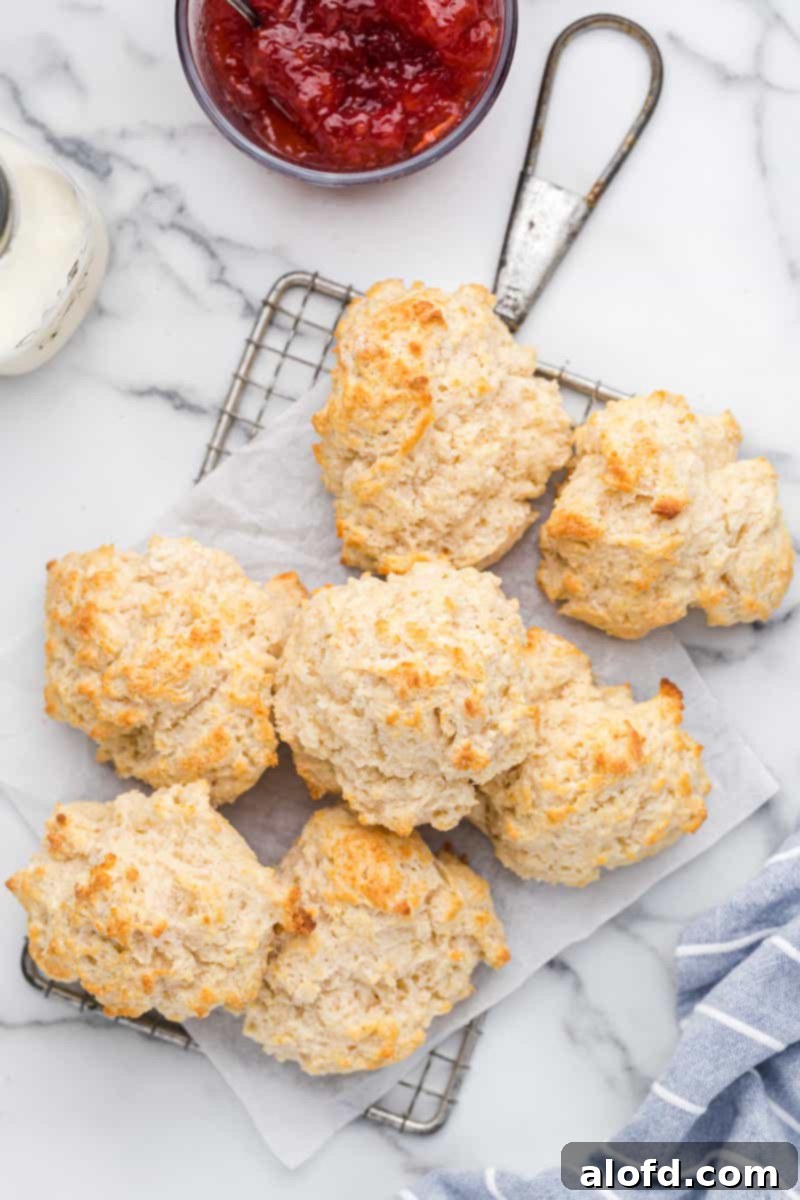 Homestyle Buttermilk Biscuits 4 Freshly baked buttermilk drop biscuits served with vibrant strawberry jam.