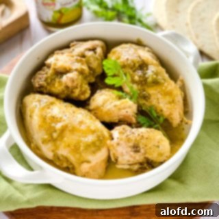 Easy Instant Pot Mexican Chicken 6 a casserole dish of chicken salsa verde ready to serve.