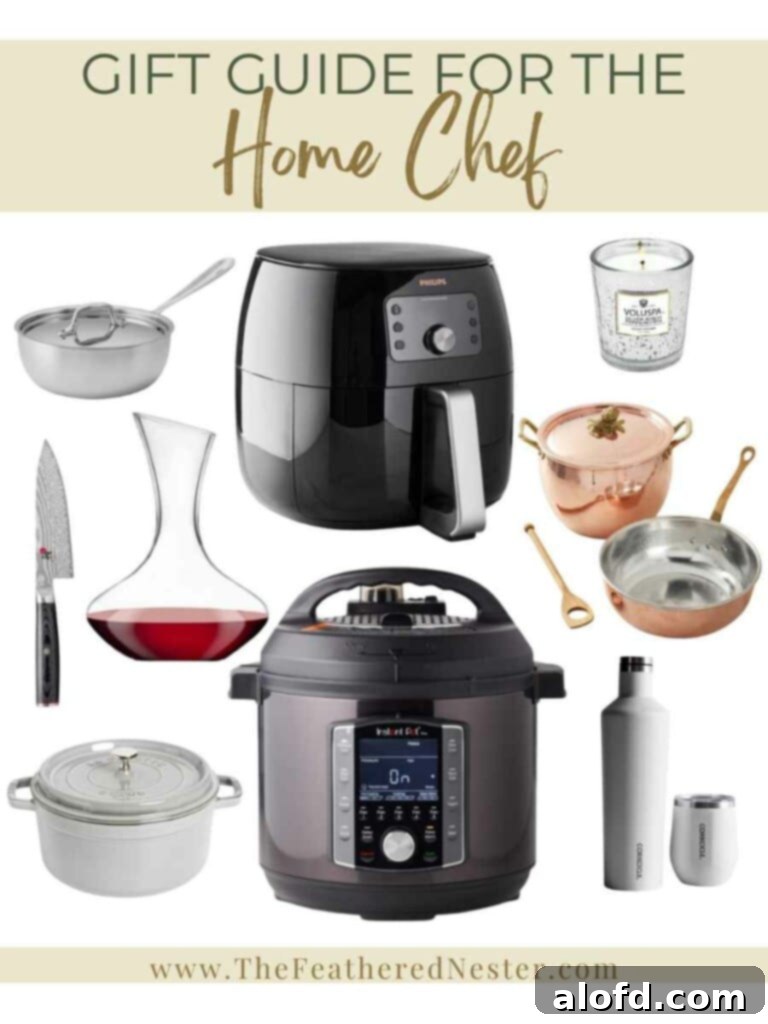 A vibrant photo collage showcasing essential gift ideas for the modern home chef. Featured items include a versatile air fryer, a multi-functional Instant Pot, gleaming stainless steel pots, a classic cast iron Dutch oven, and a sharp professional chef's knife—all chosen for their quality and utility.