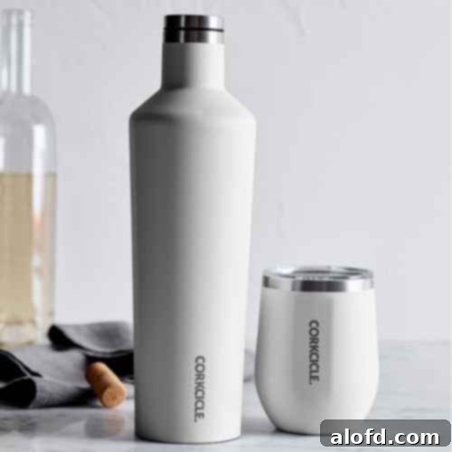 A sophisticated Corkcicle Insulated 25-Oz. Beverage Canteen & Stemless Wine Glass Set, perfect for maintaining the ideal temperature of drinks during entertaining or on the go.