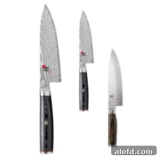 A trio of gleaming professional chef's knives, showcasing their exquisite craftsmanship and sharp blades. Each knife represents a blend of Japanese artistry and cutting-edge performance, a perfect gift for the discerning home chef.