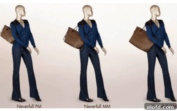 My Unfiltered Review of the Louis Vuitton Neverfull 5 A visual comparison chart displaying the three sizes of the Louis Vuitton Neverfull: PM, MM, and GM, worn by models to show scale.