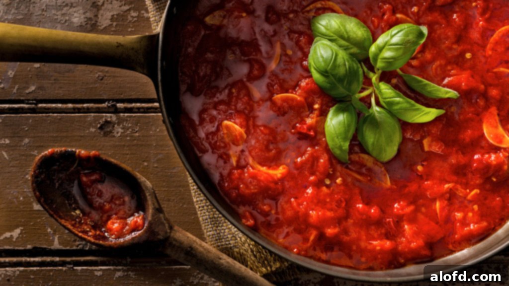 The Feathered Nester's Food Quest 6 A rustic bowl of traditional marinara sauce served with penne pasta, garnished with fresh basil, highlighting a simple yet satisfying meatless meal.