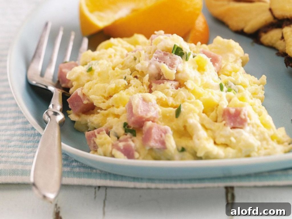 The Feathered Nester's Food Quest 10 A comforting plate of fluffy scrambled eggs with optional ham, served as a delightful weekend breakfast from the meal challenge.