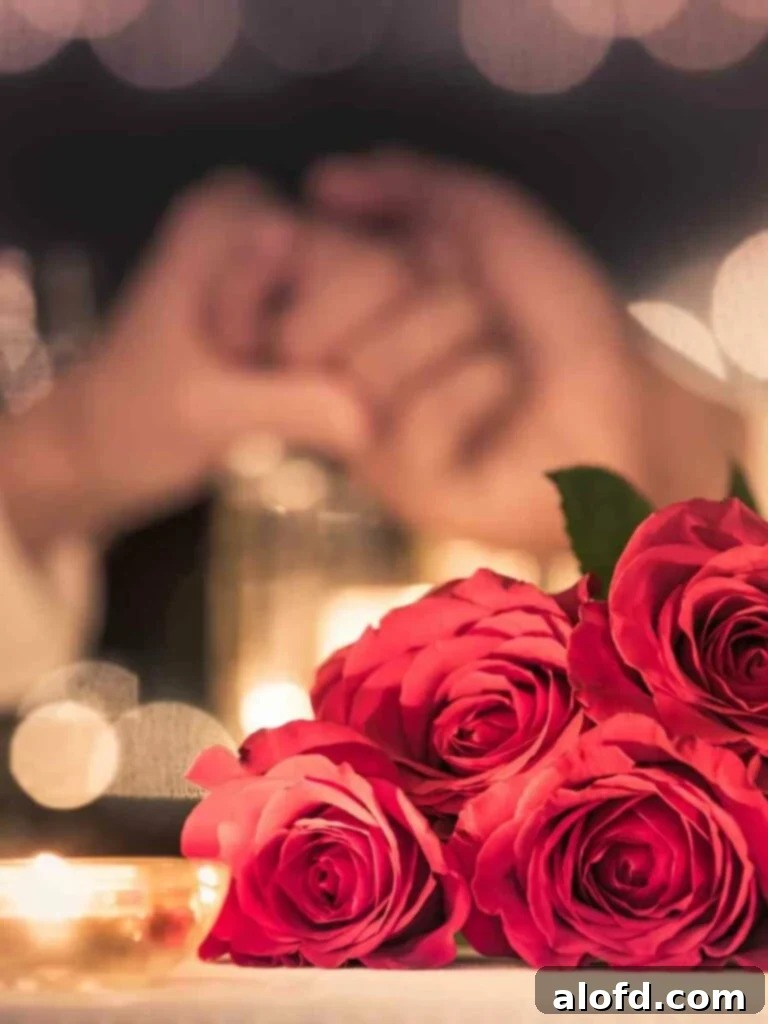 Homemade Romance 2 two people holding hands behind a bouquet of roses, symbolizing a romantic Valentine's Day dinner at home