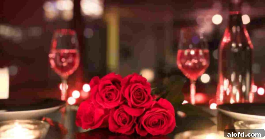 Homemade Romance 3 a bunch of roses and wine glasses set for a romantic dinner at home, complete with soft lighting