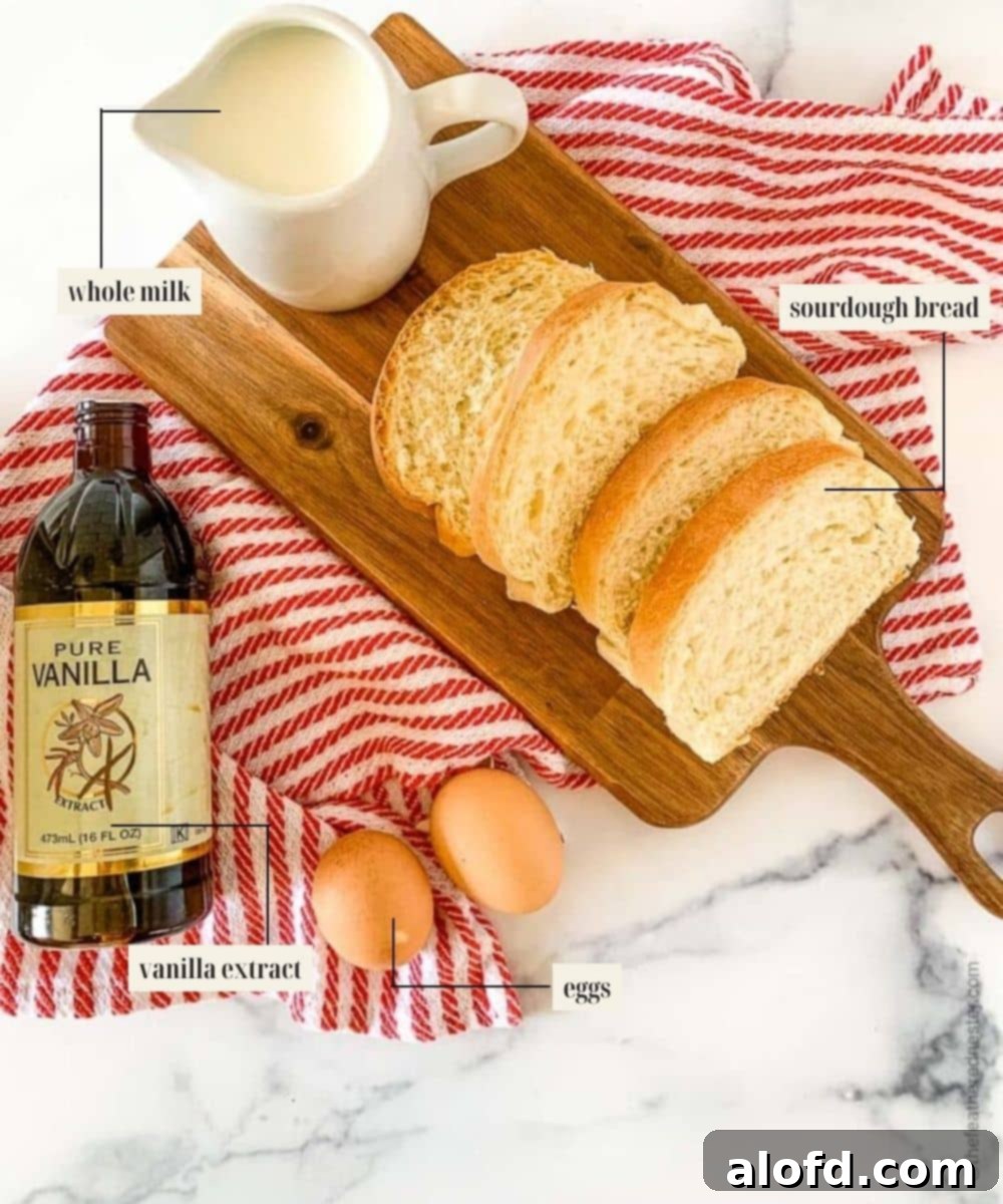 Tangy Sourdough French Toast 4 Labeled ingredients image for sourdough french toast.