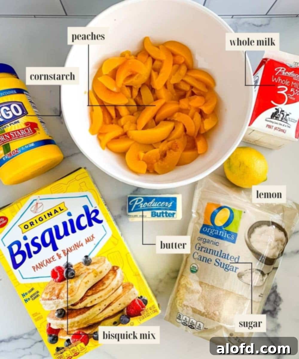 Easy Bisquick Peach Cobbler 3 A flat lay image displaying all the essential ingredients for peach cobbler: fresh peaches, cornstarch, lemon juice, sugar, Bisquick mix, milk, and butter.