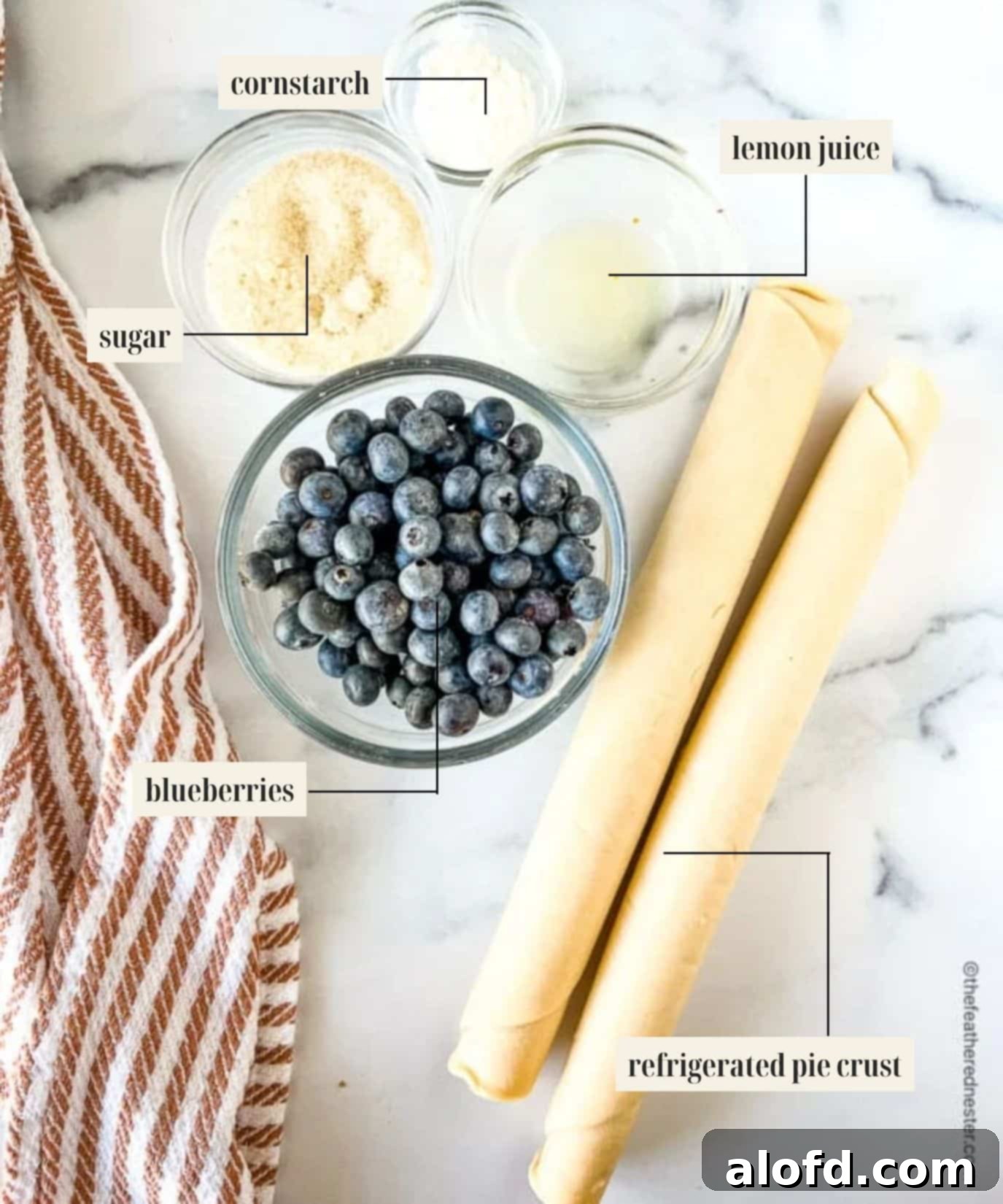 Untamed Berry Breakfast Pastries 3 A collage of ingredients used for making homemade blueberry pop tarts, including pie crust, blueberries, sugar, cornstarch, and egg.